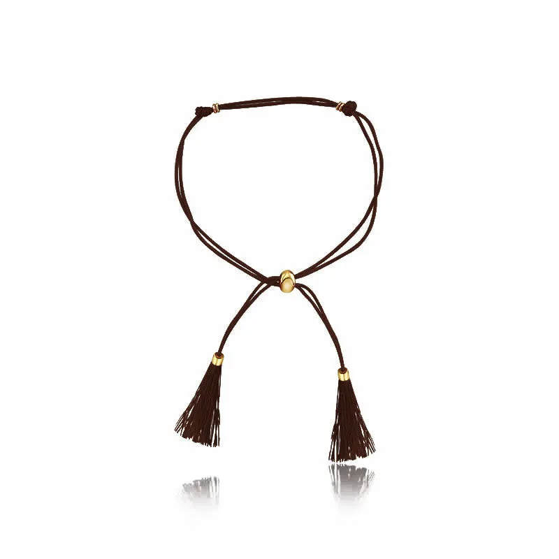 18k Gold Dark Brown Tassel Bracelet with Gold Beads