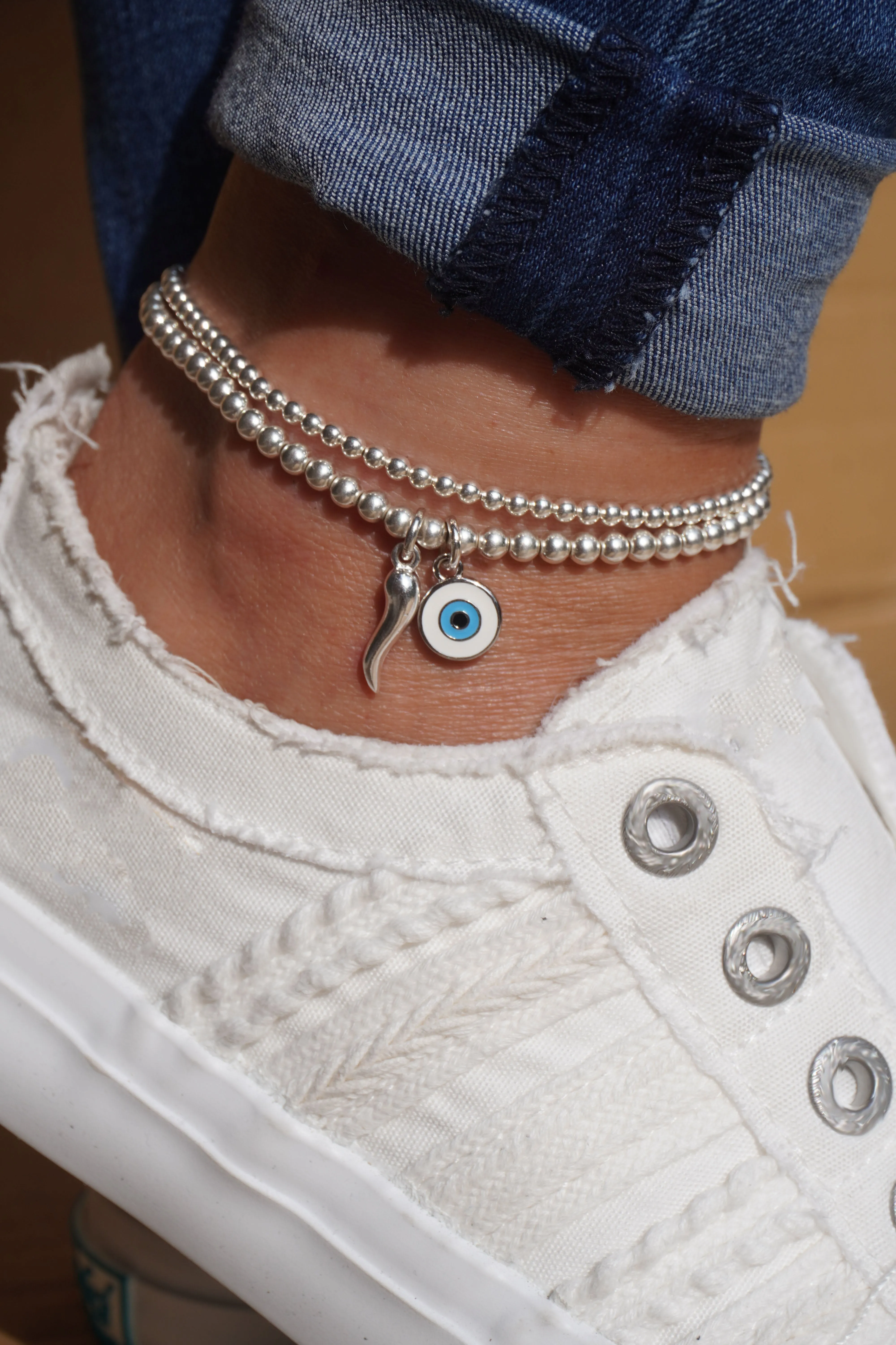 925 Sterling Silver Stretch Silver Cornetto & Evil Eye Anklet, Italian Horn Anklet, Evil Eye Anklet, Malocchio Anklet