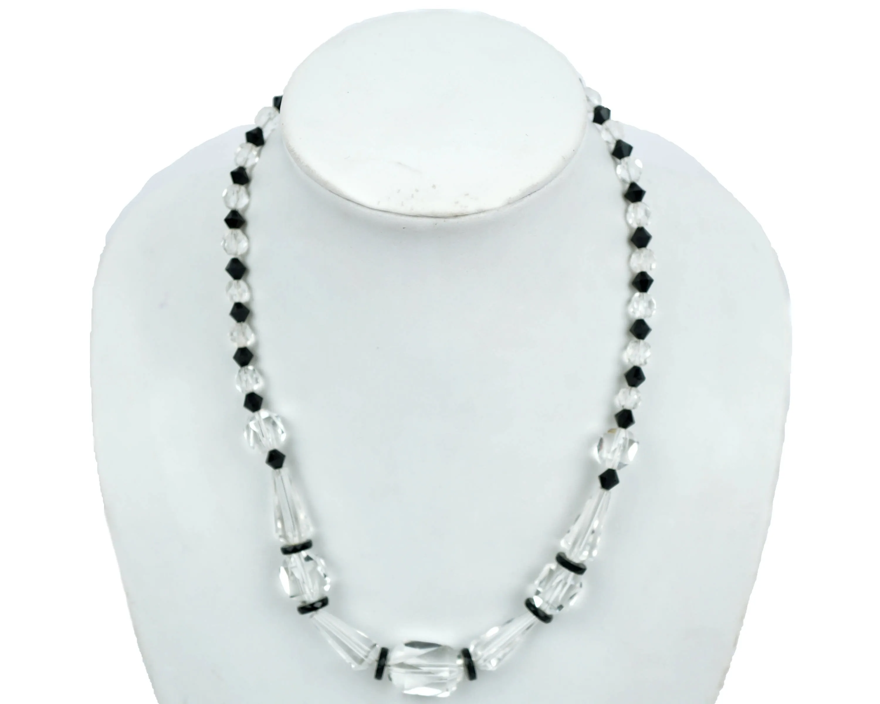 Art Deco Crystal Glass Necklace 1930s Clear and Black Beads Choker Length