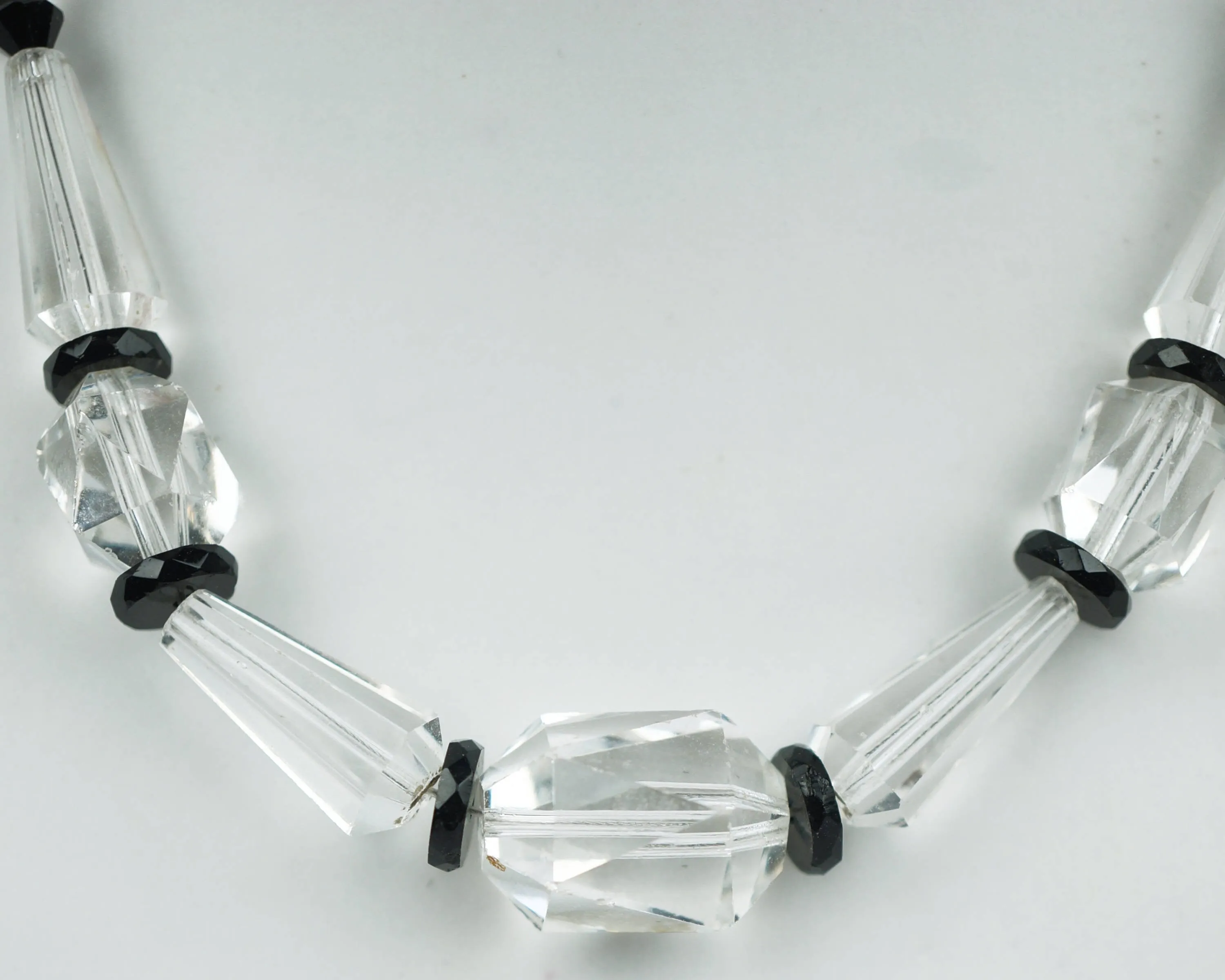 Art Deco Crystal Glass Necklace 1930s Clear and Black Beads Choker Length