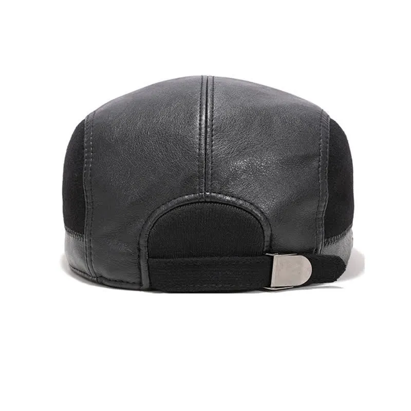 Artist Painter Leather Beret Hat with Button Earflaps