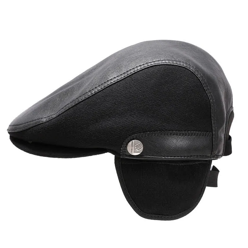 Artist Painter Leather Beret Hat with Button Earflaps