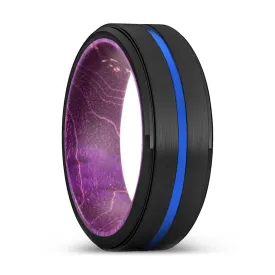 BADGER | Purple Wood, Black Tungsten Ring, Blue Groove, Stepped Edge