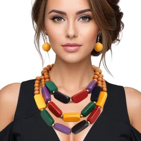 Beaded Necklace Brown Geo Wood Bead Set for Women