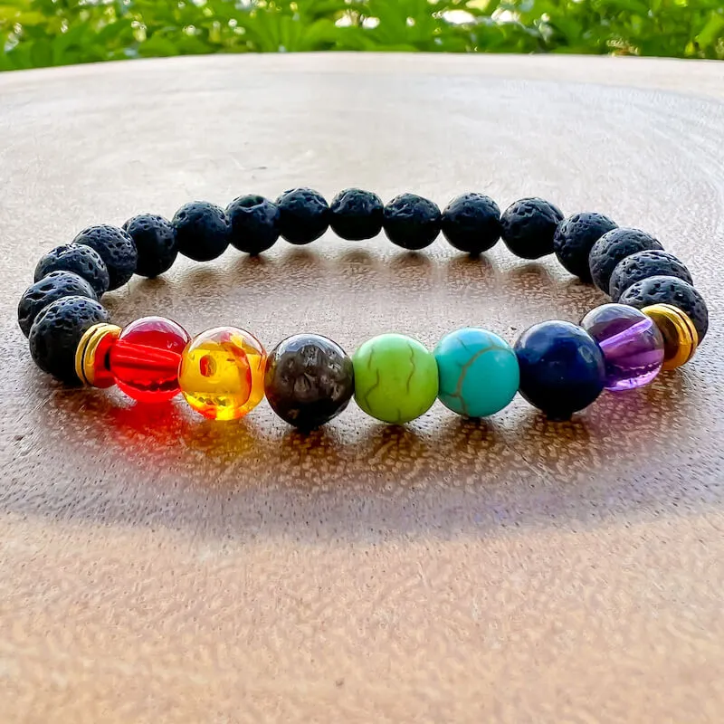 Black Lava Stone and 7 Chakra Stretch Bracelet