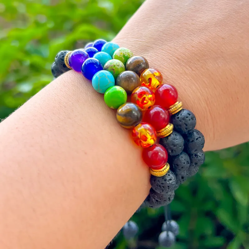 Black Lava Stone and 7 Chakra Stretch Bracelet