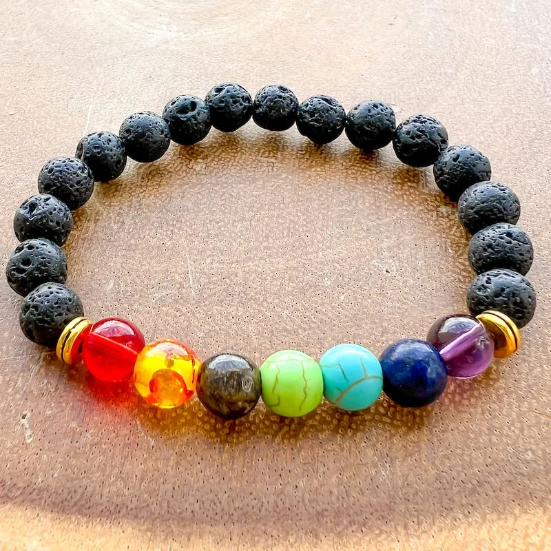 Black Lava Stone and 7 Chakra Stretch Bracelet