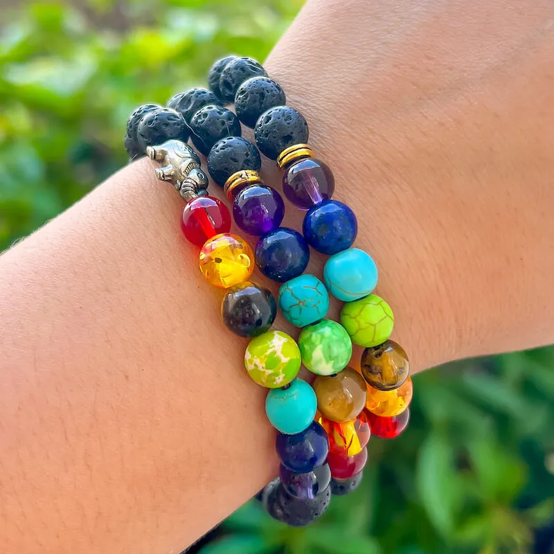 Black Lava Stone and 7 Chakra Stretch Bracelet