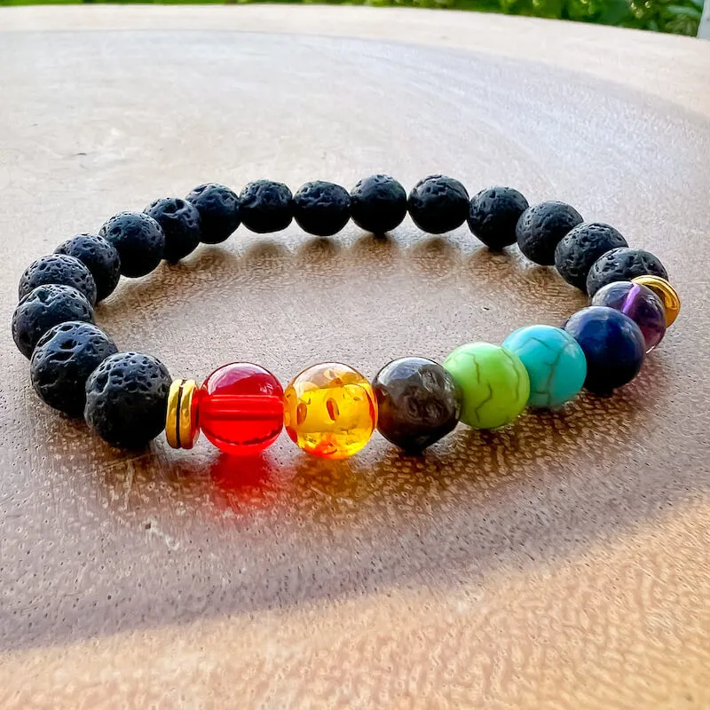 Black Lava Stone and 7 Chakra Stretch Bracelet