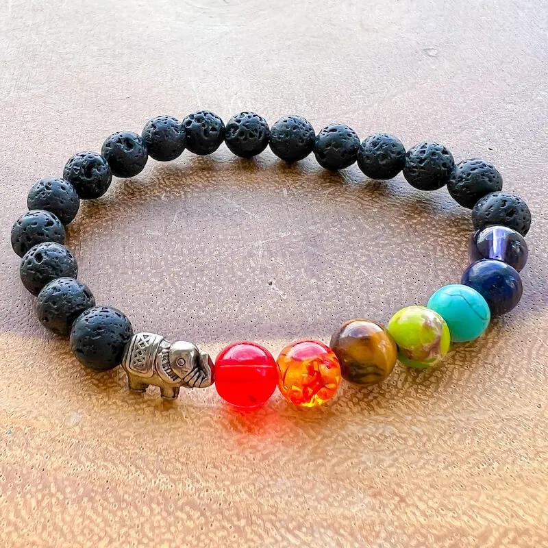 Black Lava Stone and 7 Chakra Stretch Bracelet