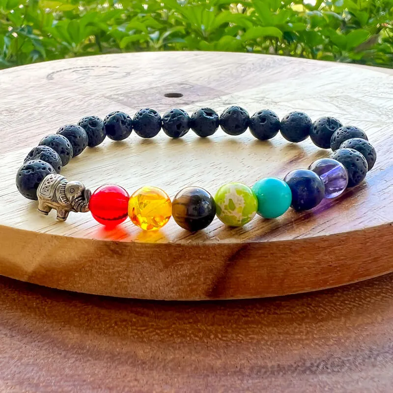 Black Lava Stone and 7 Chakra Stretch Bracelet