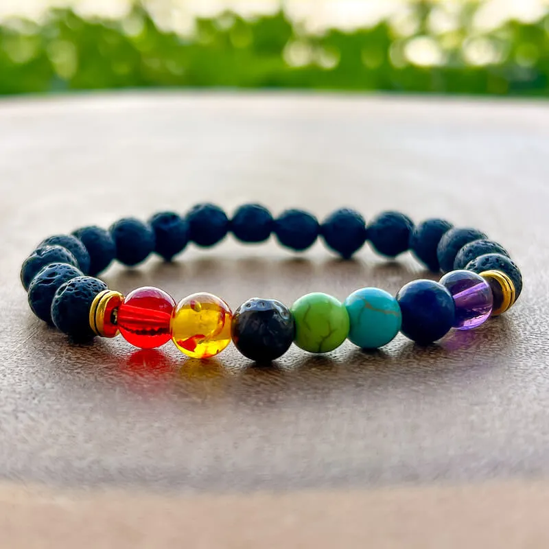 Black Lava Stone and 7 Chakra Stretch Bracelet