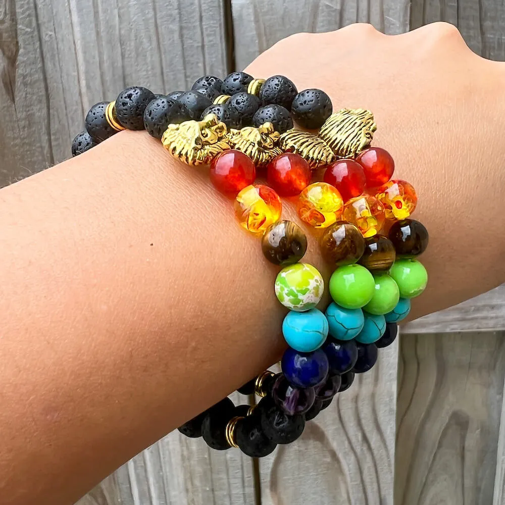 Black Lava Stone and 7 Chakra Stretch Bracelet