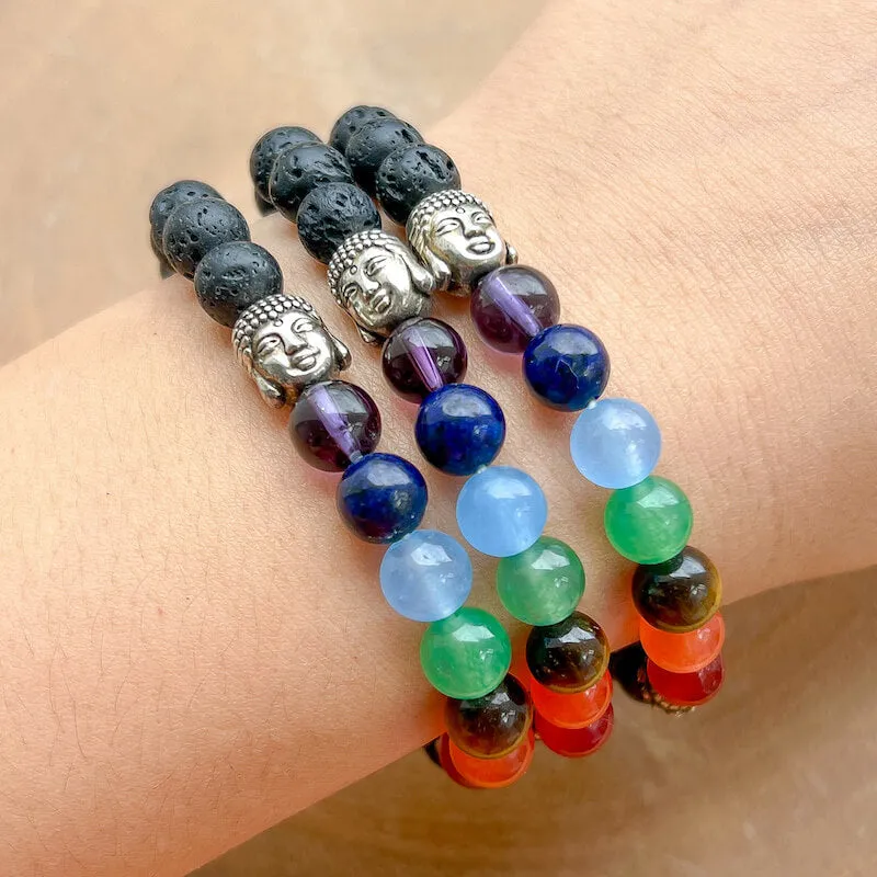 Black Lava Stone and 7 Chakra Stretch Bracelet