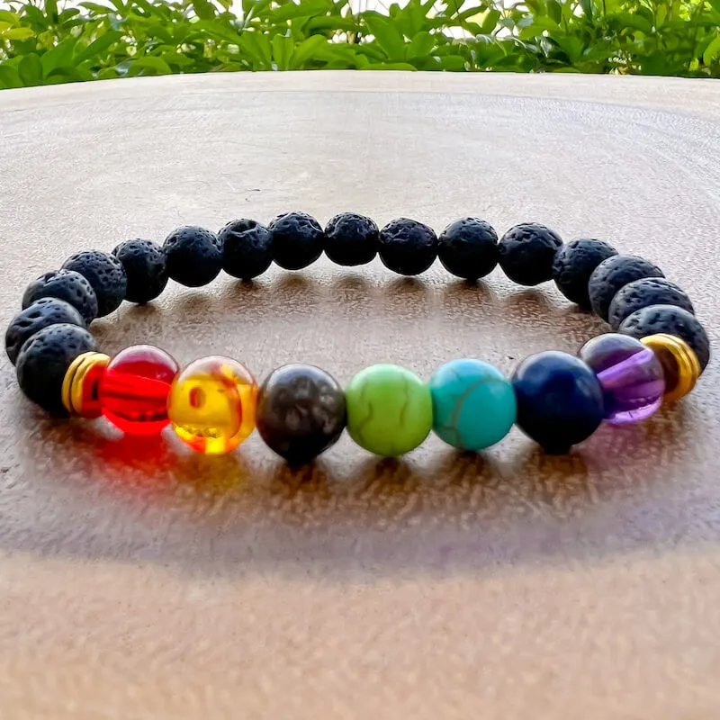 Black Lava Stone and 7 Chakra Stretch Bracelet