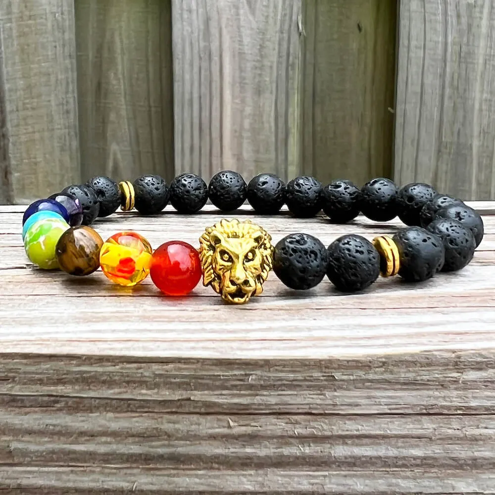 Black Lava Stone and 7 Chakra Stretch Bracelet