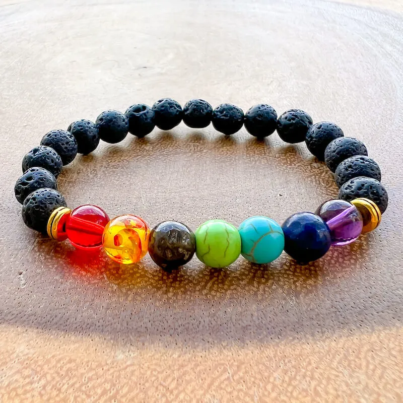 Black Lava Stone and 7 Chakra Stretch Bracelet