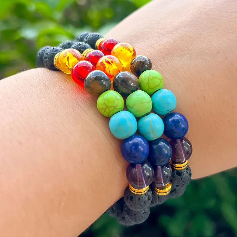 Black Lava Stone and 7 Chakra Stretch Bracelet