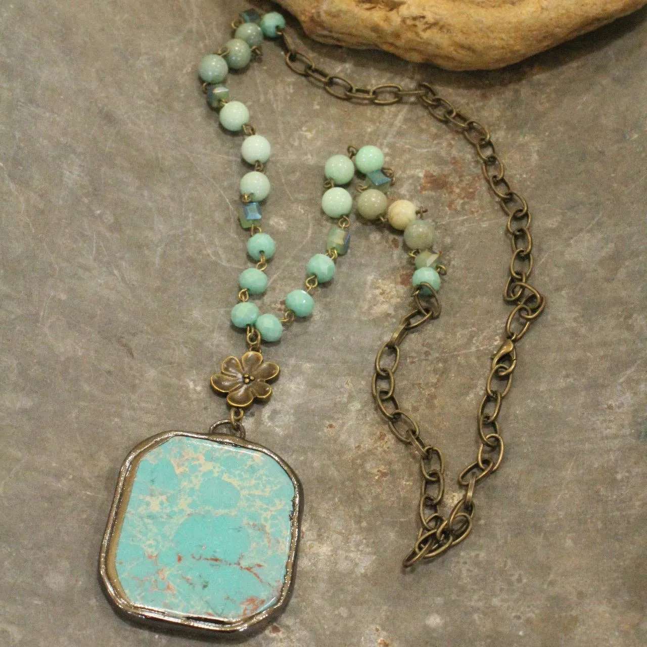 Bohemian Stone & Rosary Chain Stone Drop Necklace