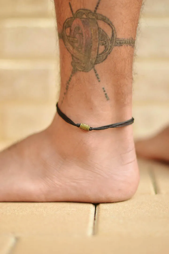 Bronze tube bead anklet for men, black cord, gift for him, yoga jewelry