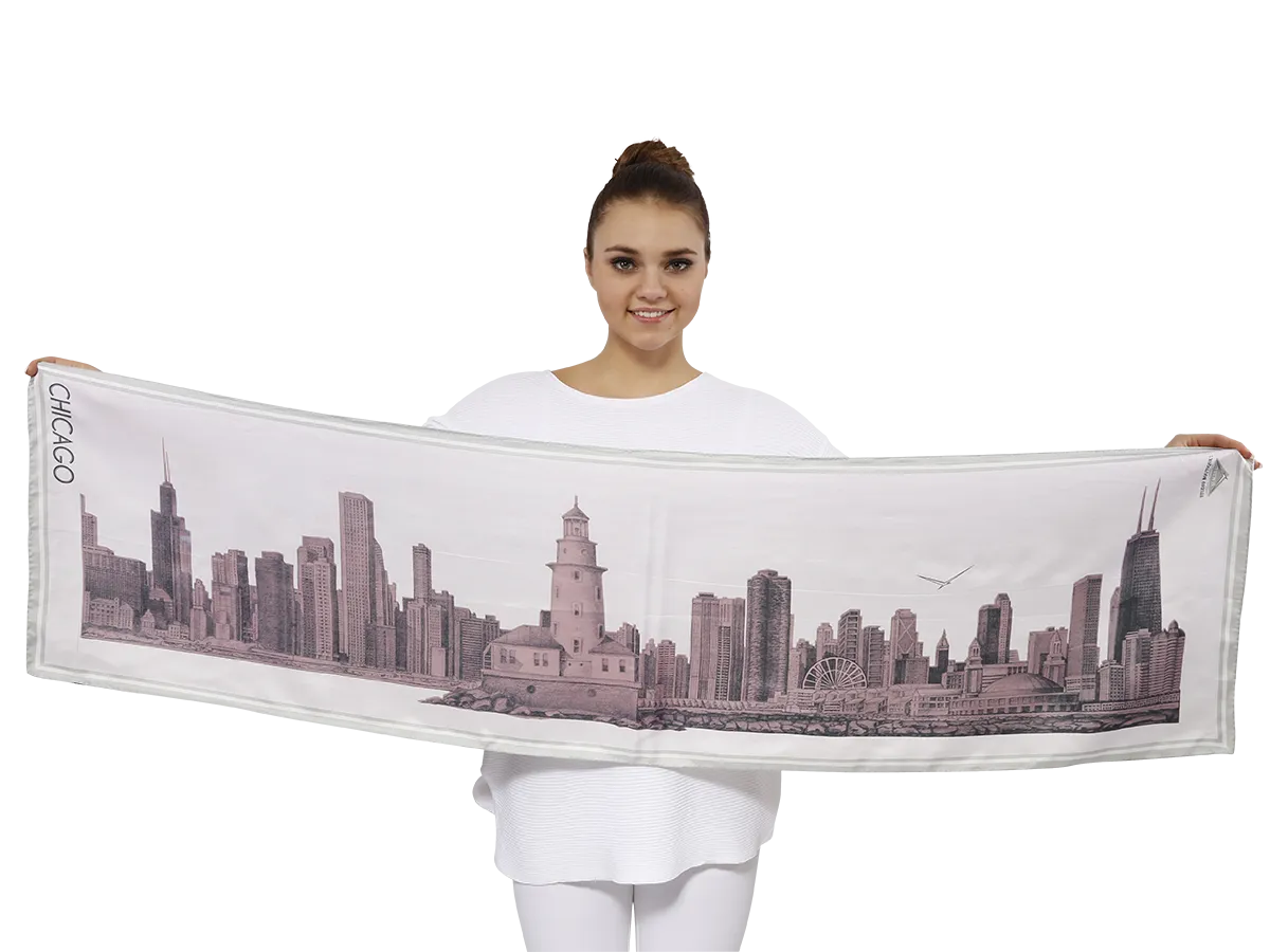 CHICAGO Skyline 100% Silk Oblong Scarf in Blush White