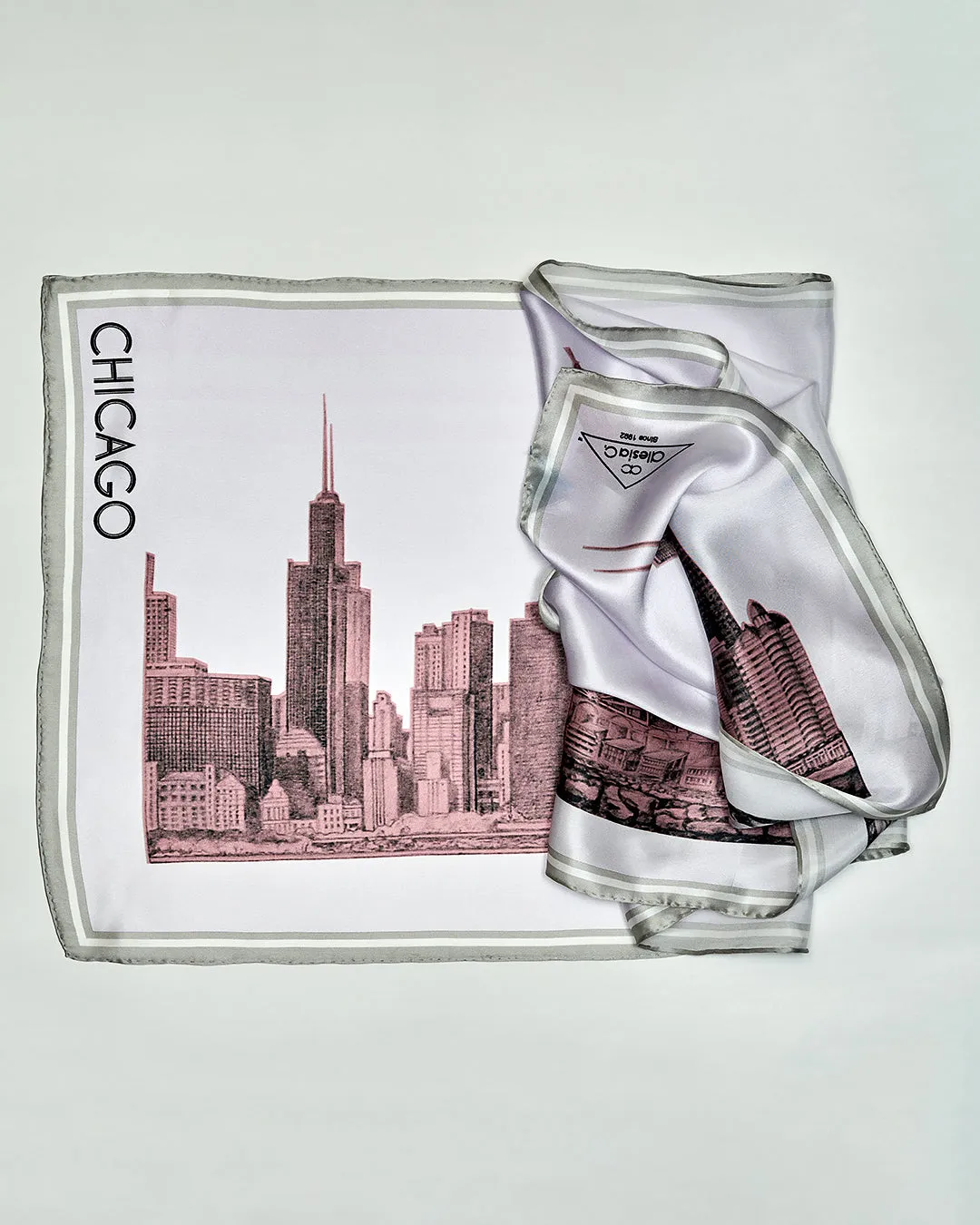 CHICAGO Skyline 100% Silk Oblong Scarf in Blush White