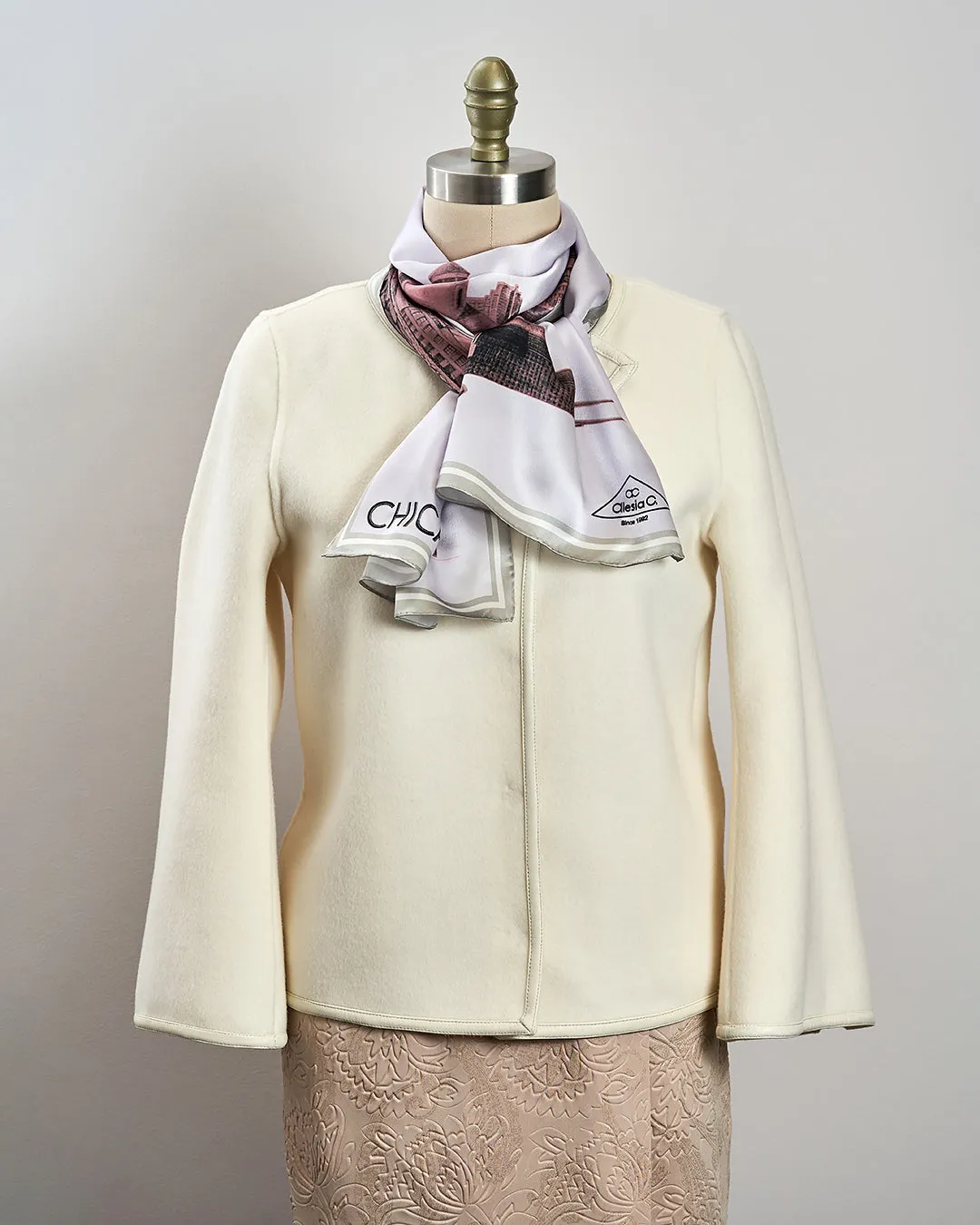 CHICAGO Skyline 100% Silk Oblong Scarf in Blush White