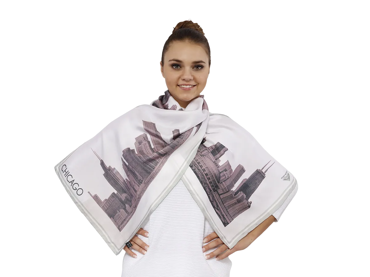 CHICAGO Skyline 100% Silk Oblong Scarf in Blush White