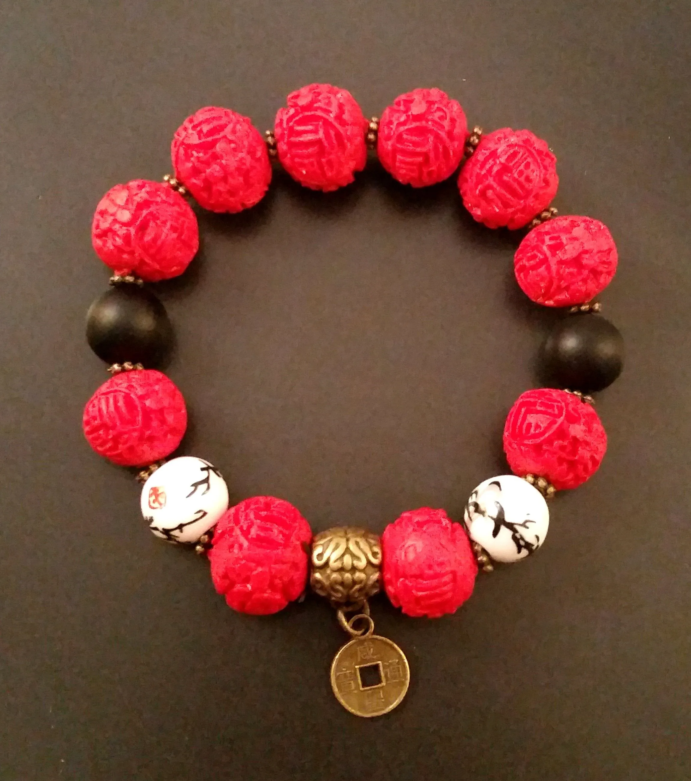 Chinoiserie Bracelet Red Carved Cinnabar Bronze Coin Stretch Accent Stack