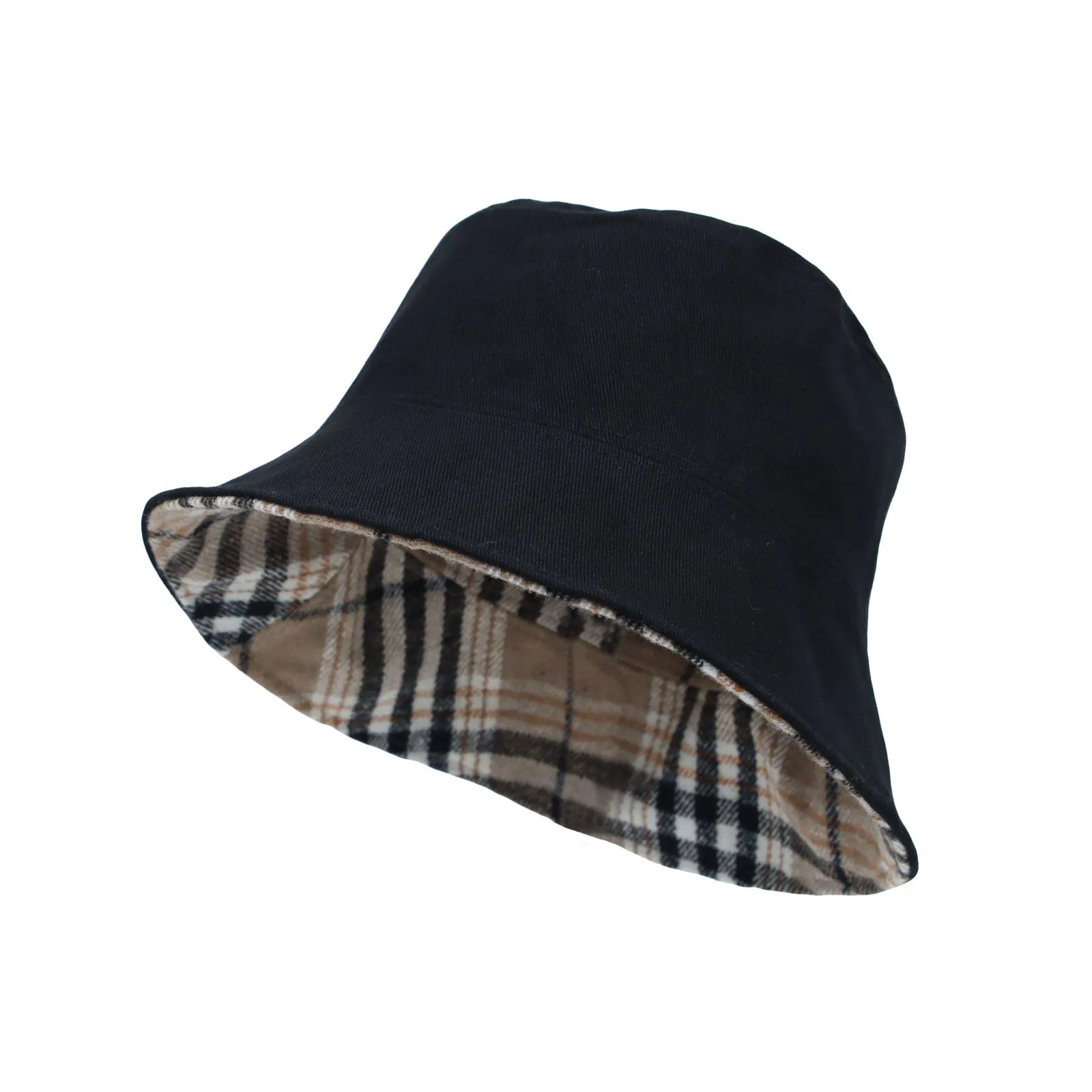 Cotton Plaid Bucket Hat Reversible Winter Check Cap HMB1380