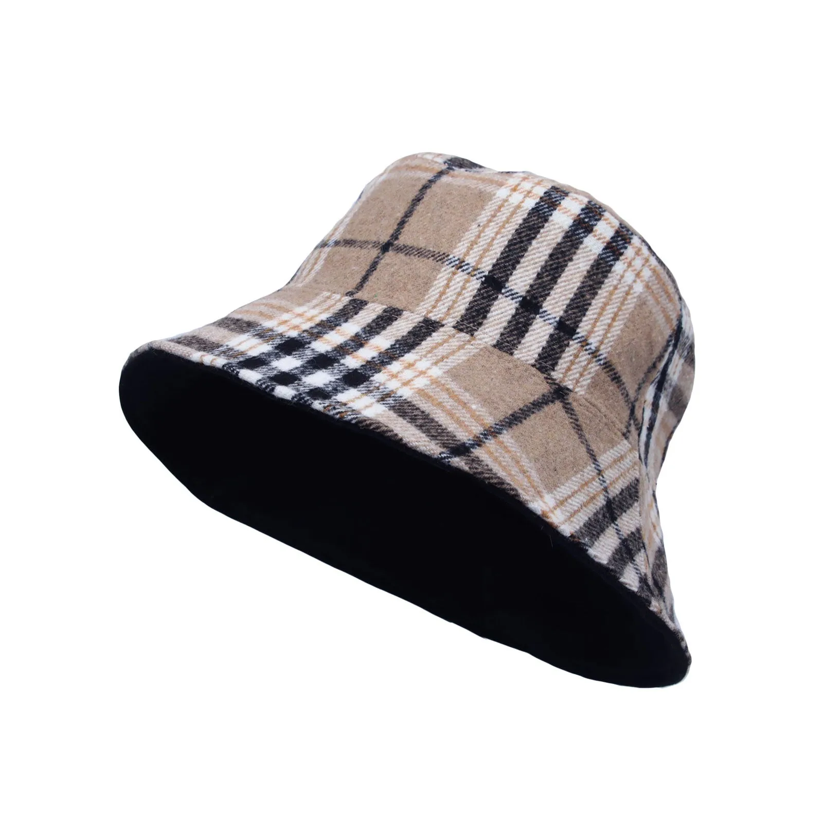 Cotton Plaid Bucket Hat Reversible Winter Check Cap HMB1380