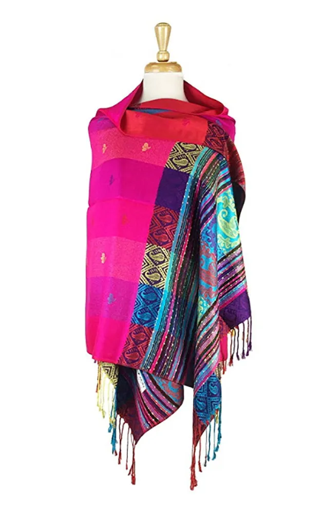 DBS056-3 Hot Pink Rainbow Colorful Pashmina Shawl Scarf