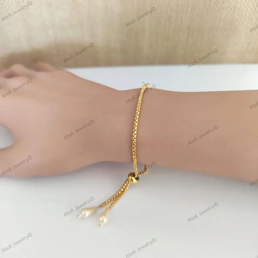 Golden bracelet chain with drop pearls adjustable rakhi chain RBCR6