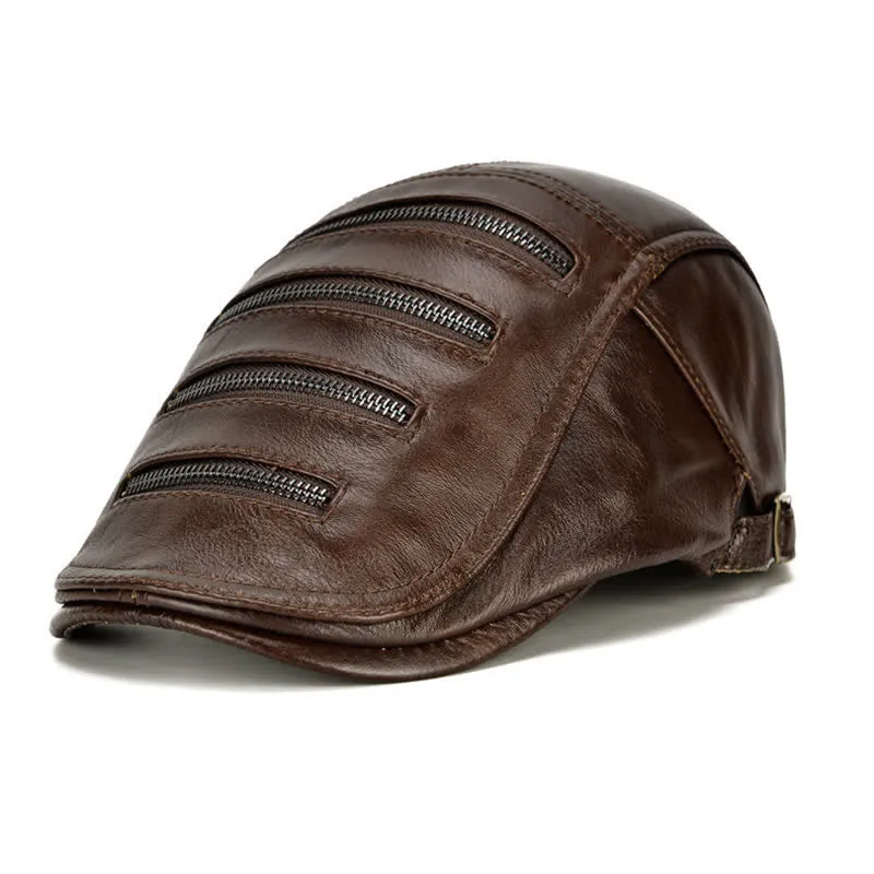 Horizontal Zipper Decoration Leather Beret Hat