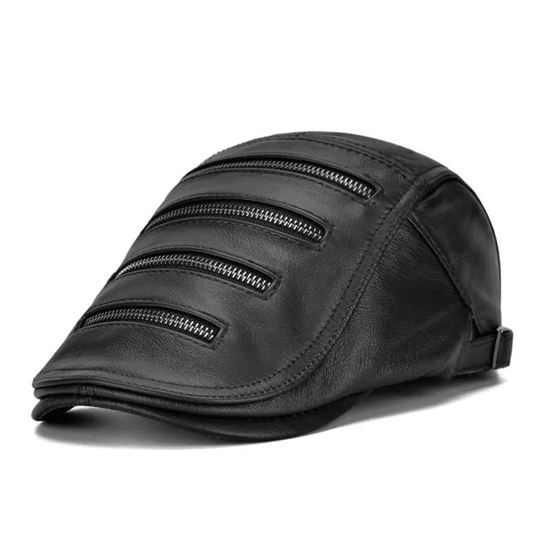 Horizontal Zipper Decoration Leather Beret Hat