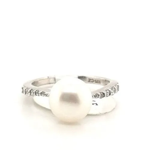 Ladies Silver Pearl and CZ Ring