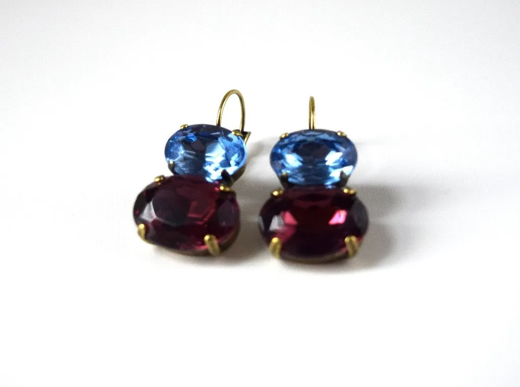 Light Blue and Purple Crystal Earrings, 18th Century Style Earrings