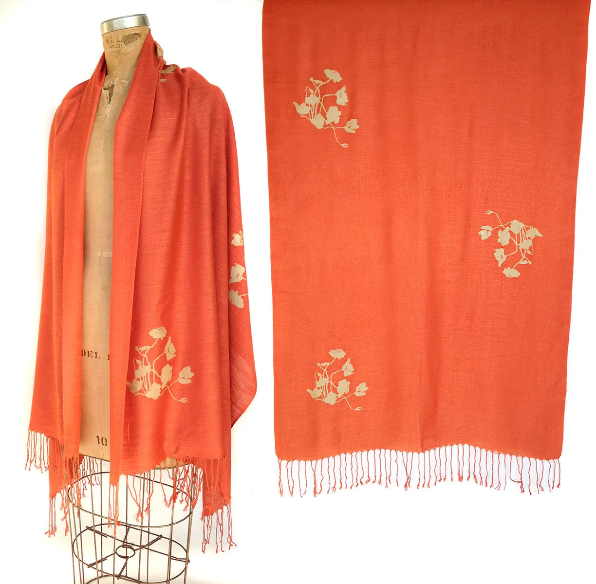 Poppies Scarf. Floral print, linen-weave pashmina