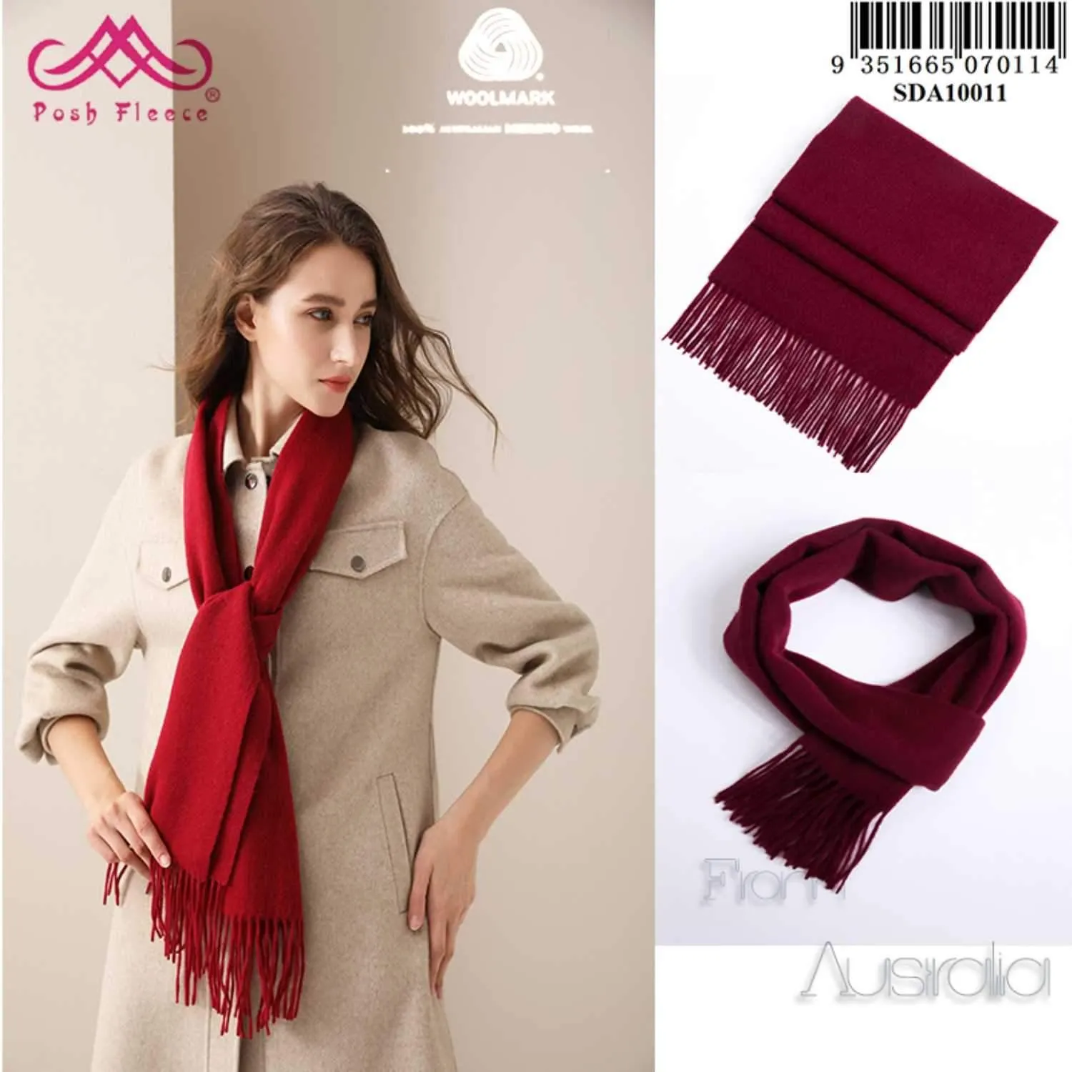 POSH FLEECE Pure Wool Scarf with Fringe Maroon