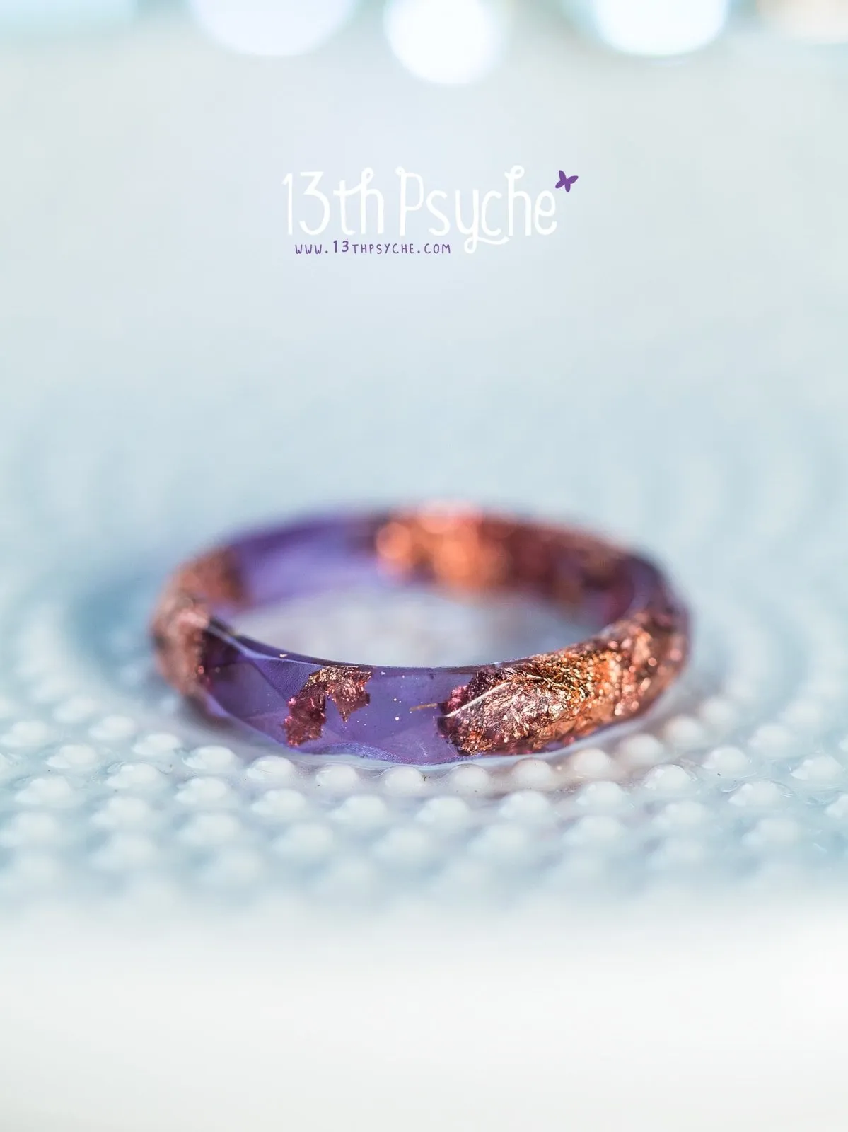 Purple and rose gold flakes faceted resin ring