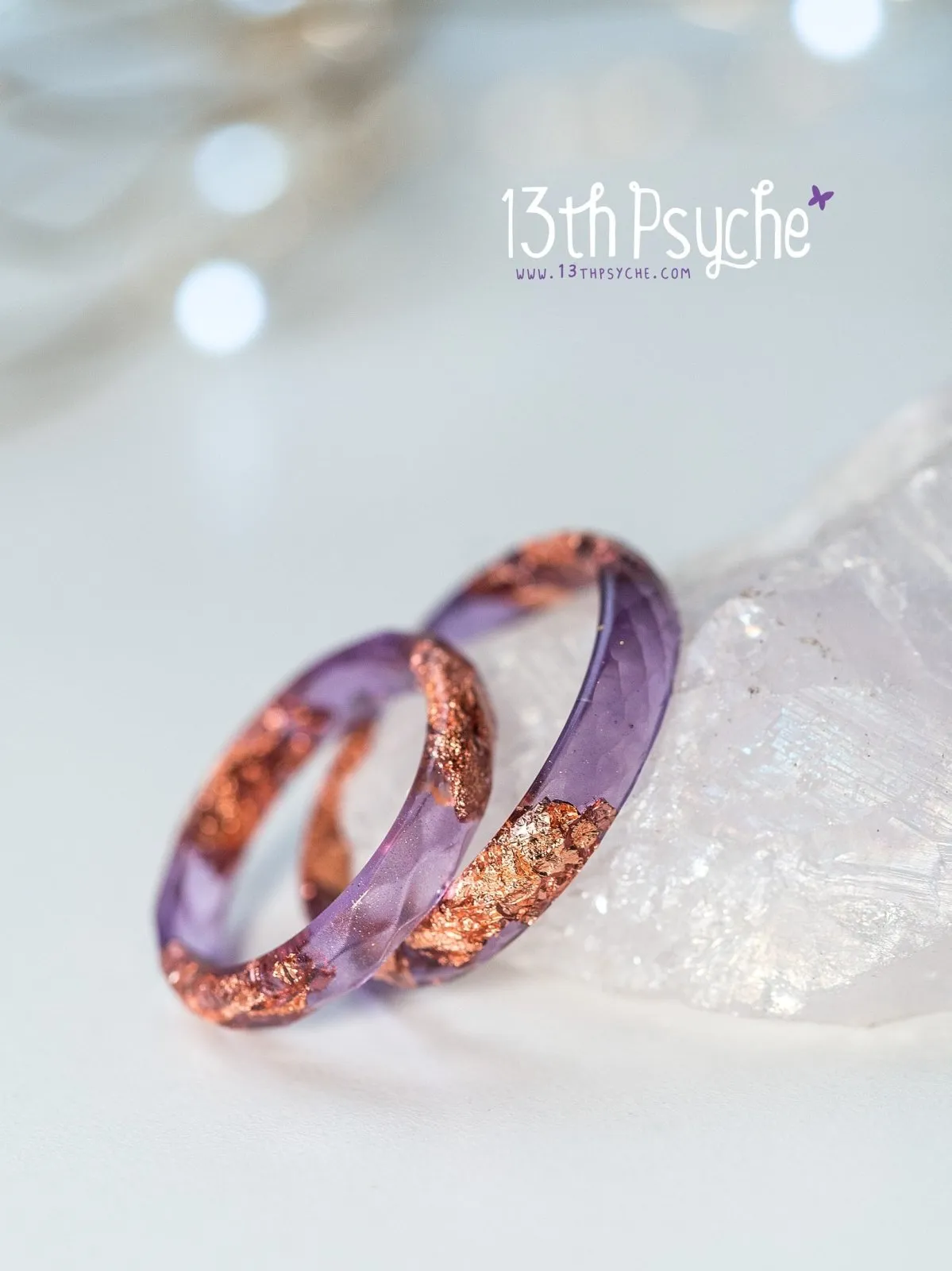 Purple and rose gold flakes faceted resin ring