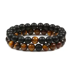 Set Couple Tiger Eye Stone Bracelets Beads Matching Lovers Mala Buddha