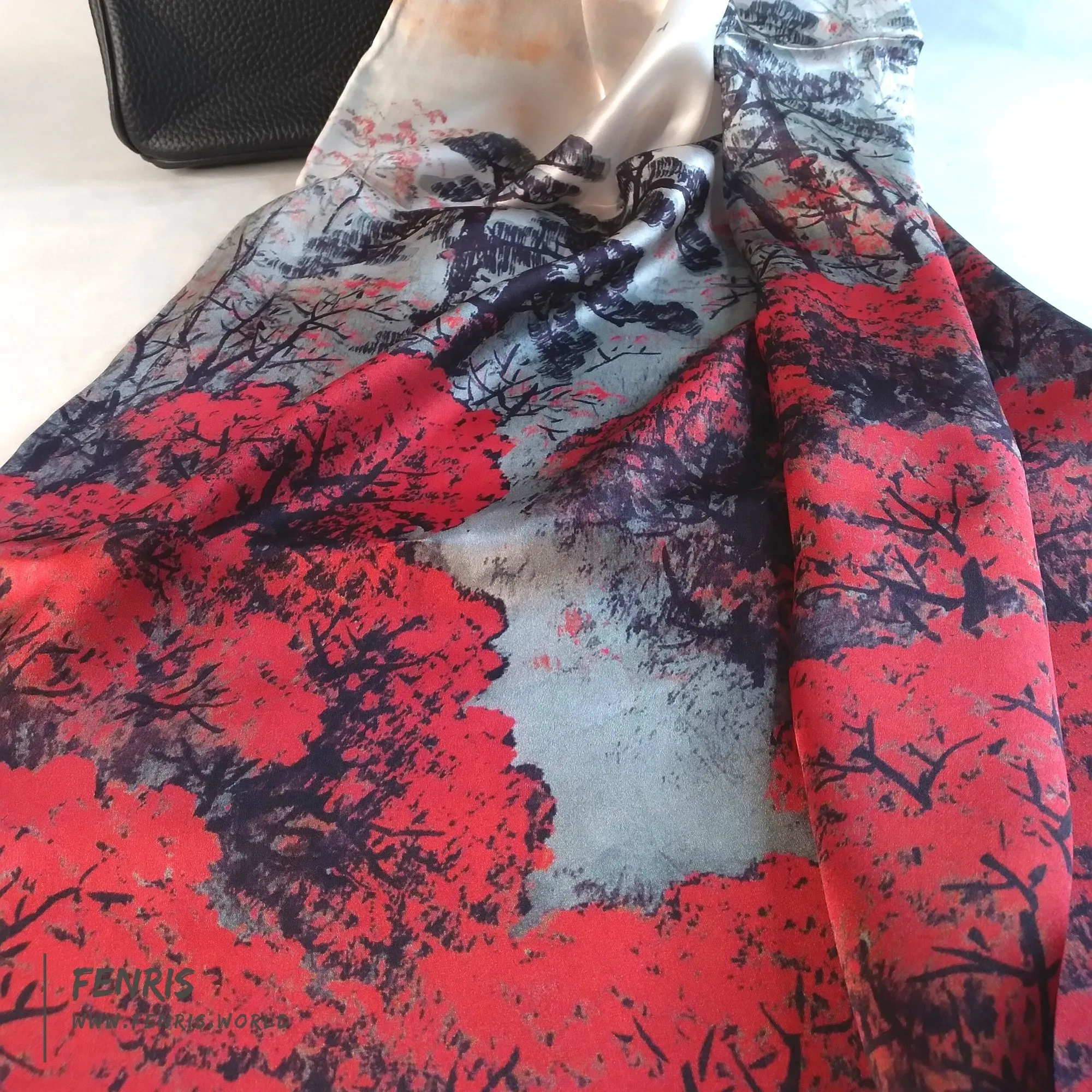 Silk Scarf Shawl Red Black Trees Long - Fenris