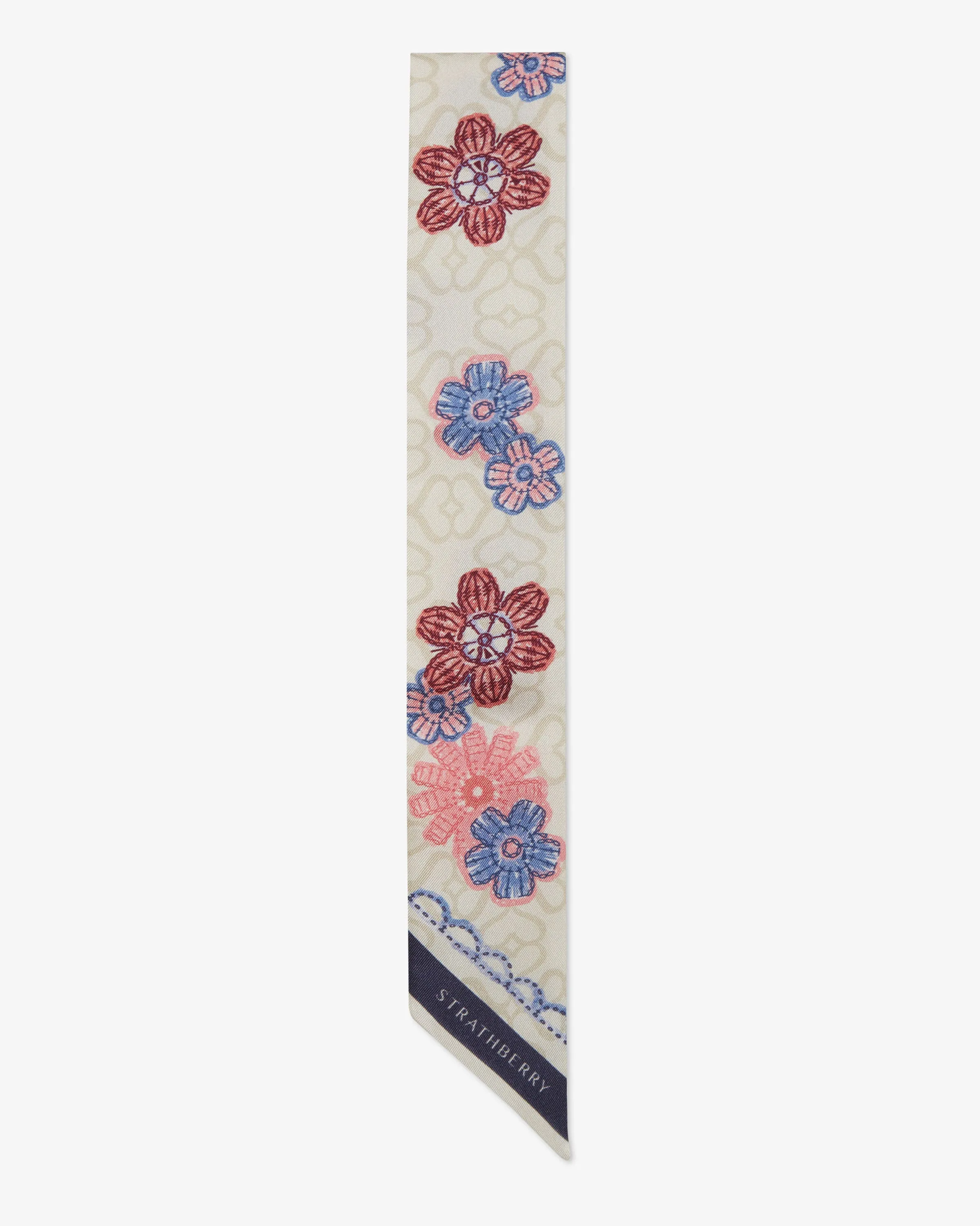 Silk Skinny Scarf - Monogram Floral Print Pink/Blue