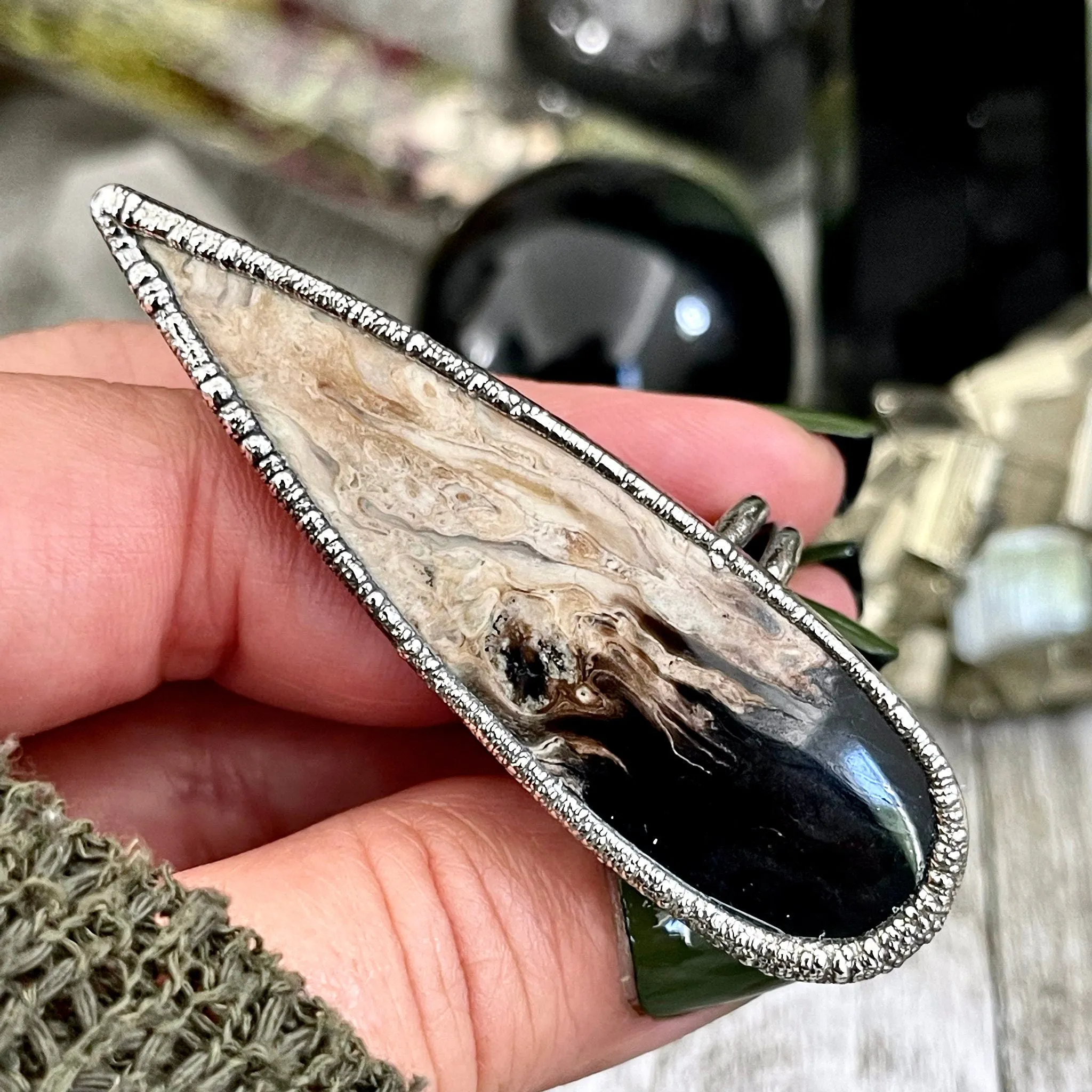 Size 8 Large Fossilized Palm Root Statement Ring in Fine Silver / Foxlark Collection