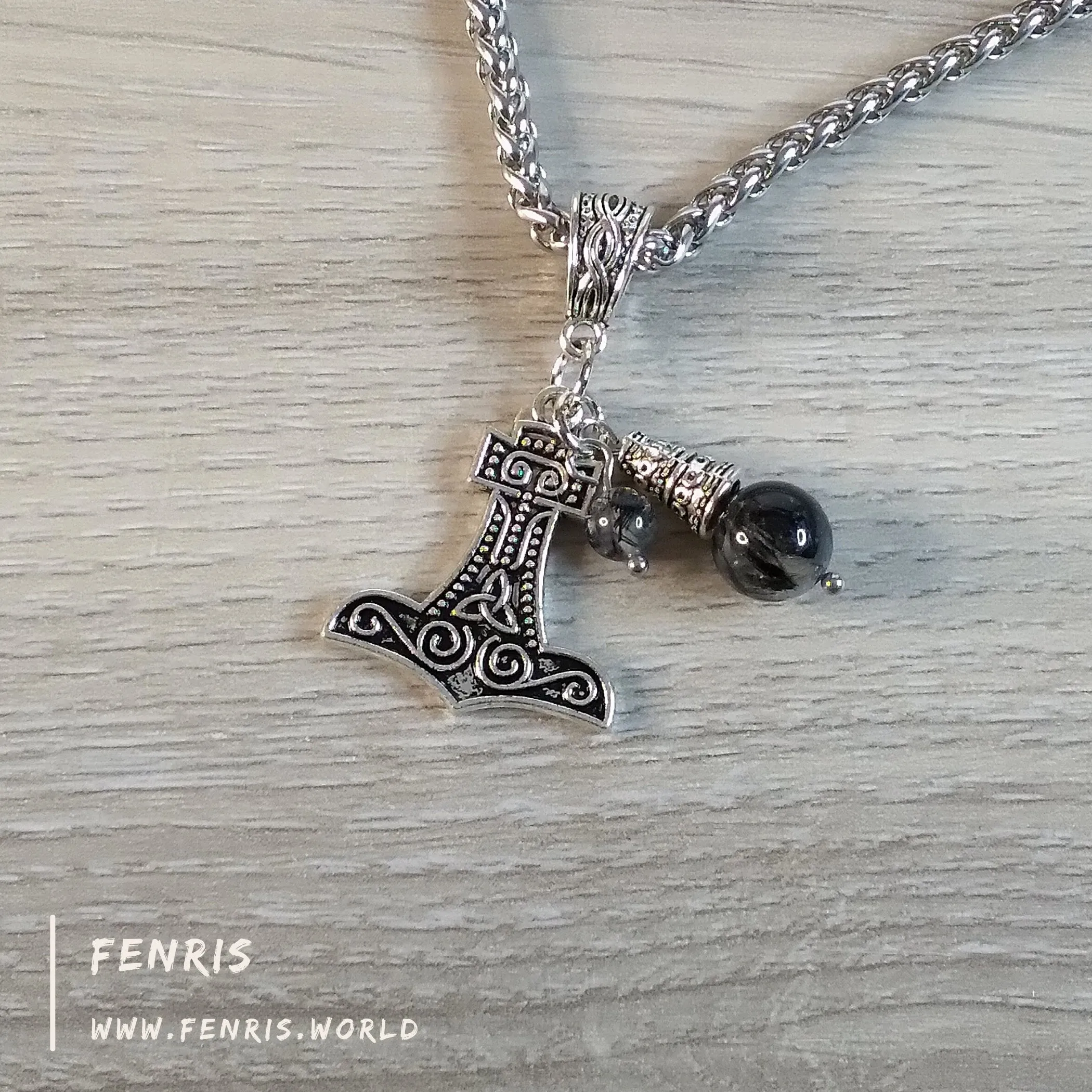 Thor's Hammer Necklace Silver Tourmalinated Quartz Hand Made | Fenris