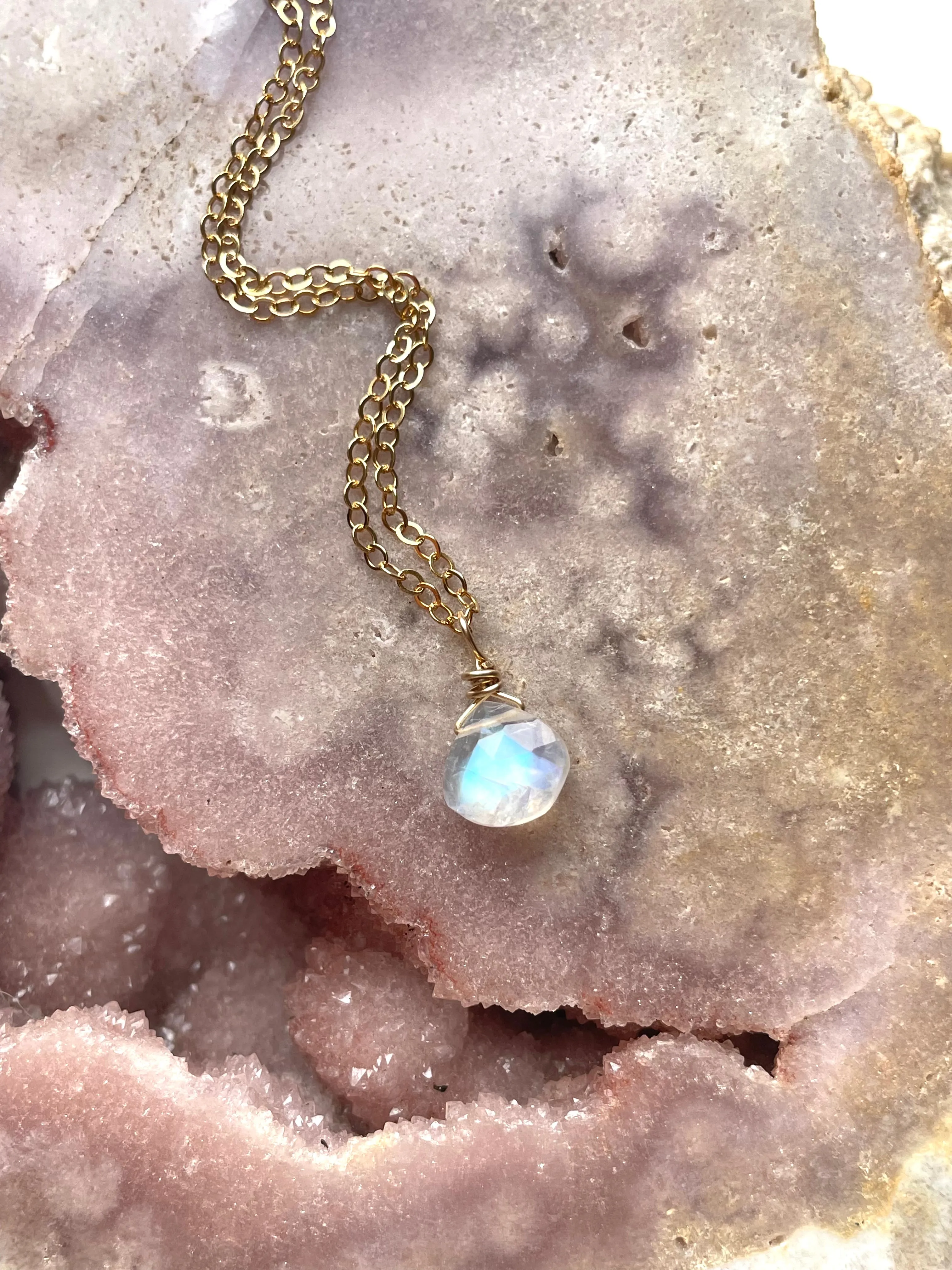 Tiny Rainbow Moonstone Pendant Necklace