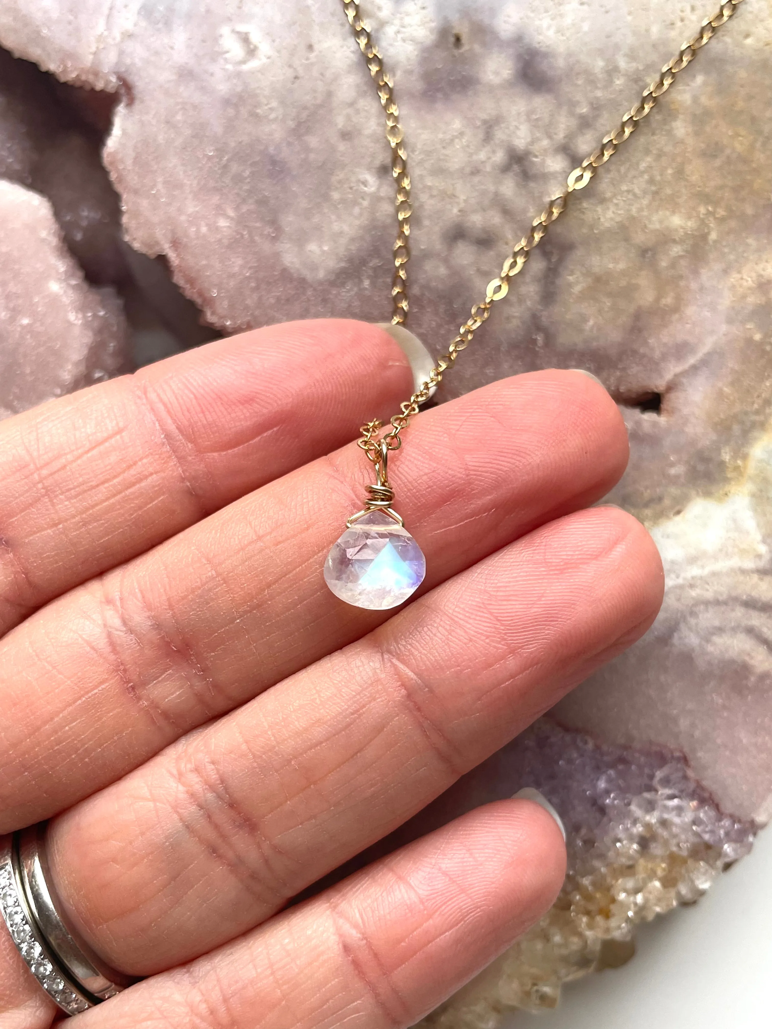 Tiny Rainbow Moonstone Pendant Necklace