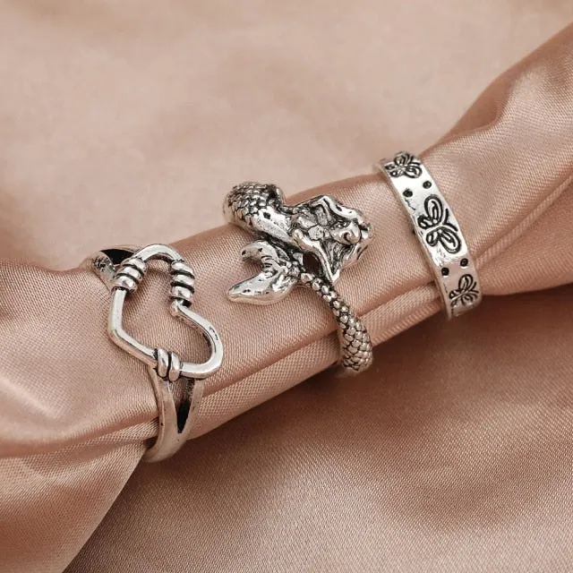 Vintage Silver Plated Angel Wings Ring for Womens Gothic Punk Steampunk Heart Butterfly Skull Ring Sets Party Jewelry 2021